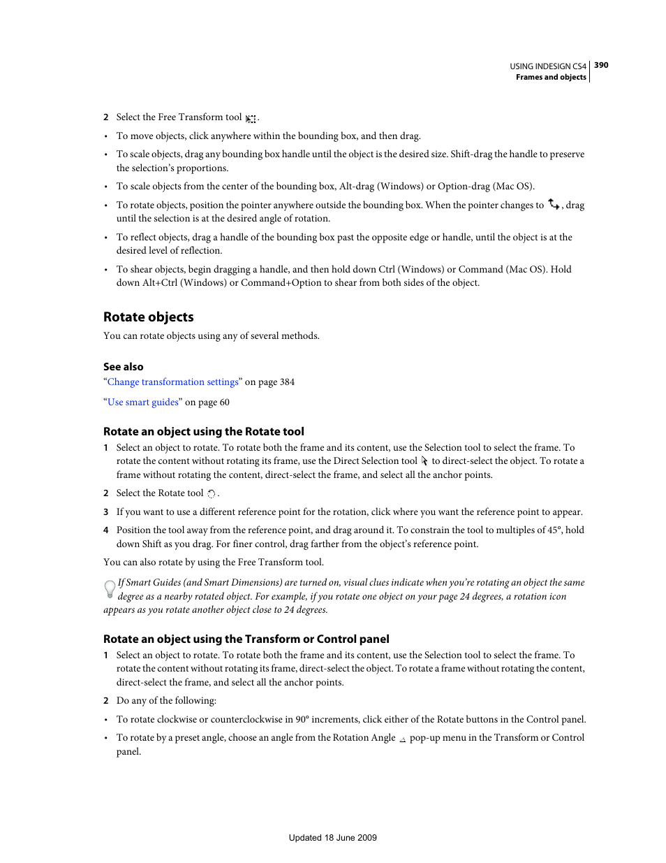 Rotate objects, Rotate an object using the rotate tool | Adobe InDesign CS4 User Manual | Page 398 / 717