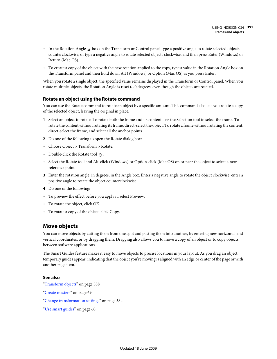 Rotate an object using the rotate command, Move objects | Adobe InDesign CS4 User Manual | Page 399 / 717