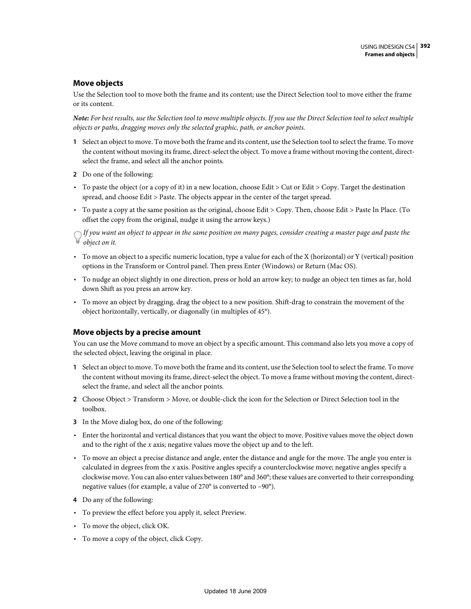 Move objects, Move objects by a precise amount | Adobe InDesign CS4 User Manual | Page 400 / 717
