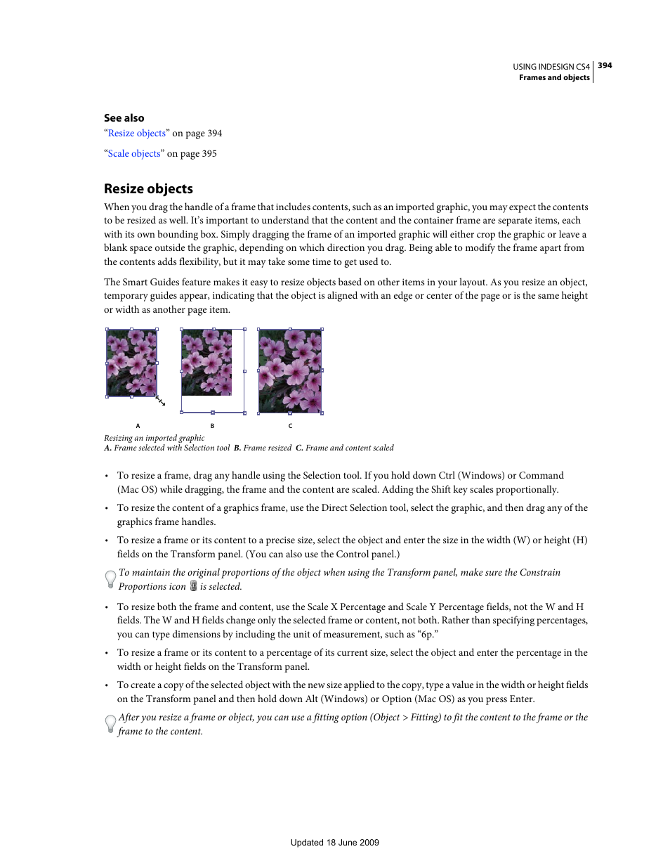 Resize objects | Adobe InDesign CS4 User Manual | Page 402 / 717