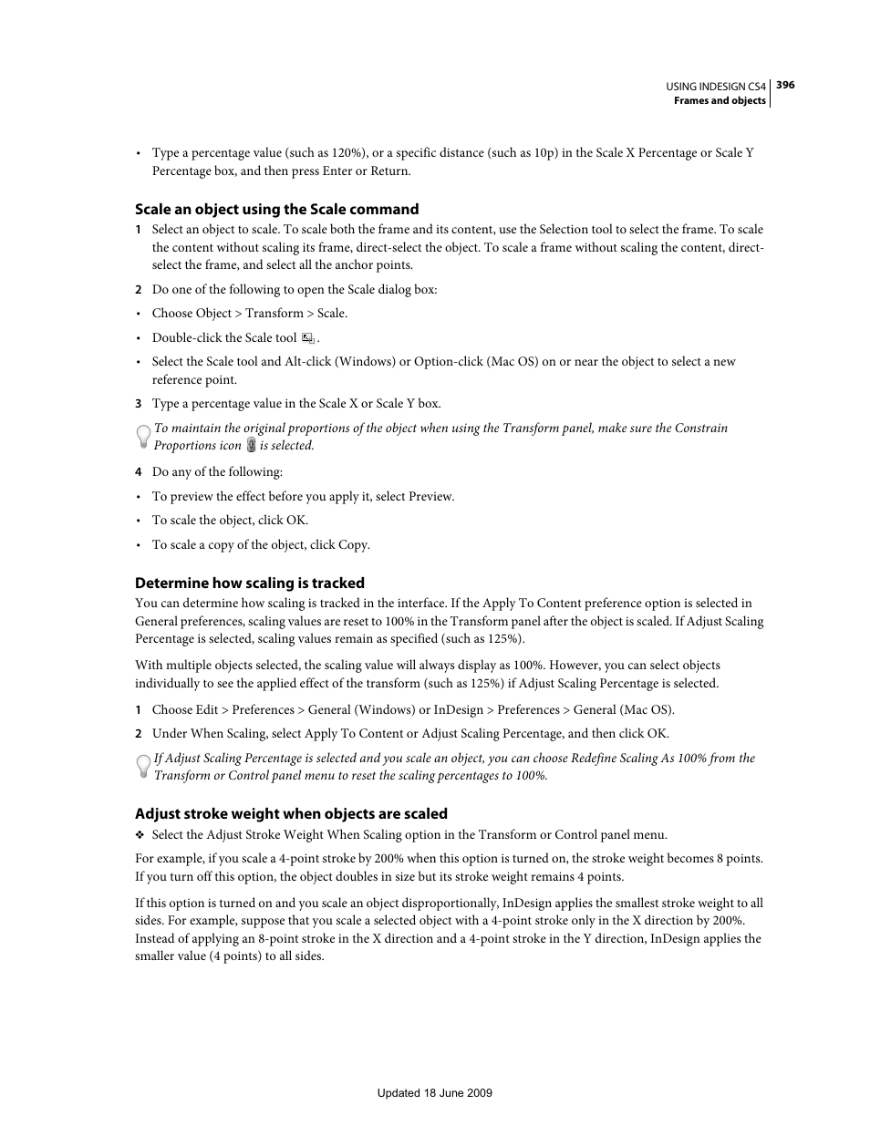 Scale an object using the scale command, Determine how scaling is tracked, Adjust stroke weight when objects are scaled | Adobe InDesign CS4 User Manual | Page 404 / 717