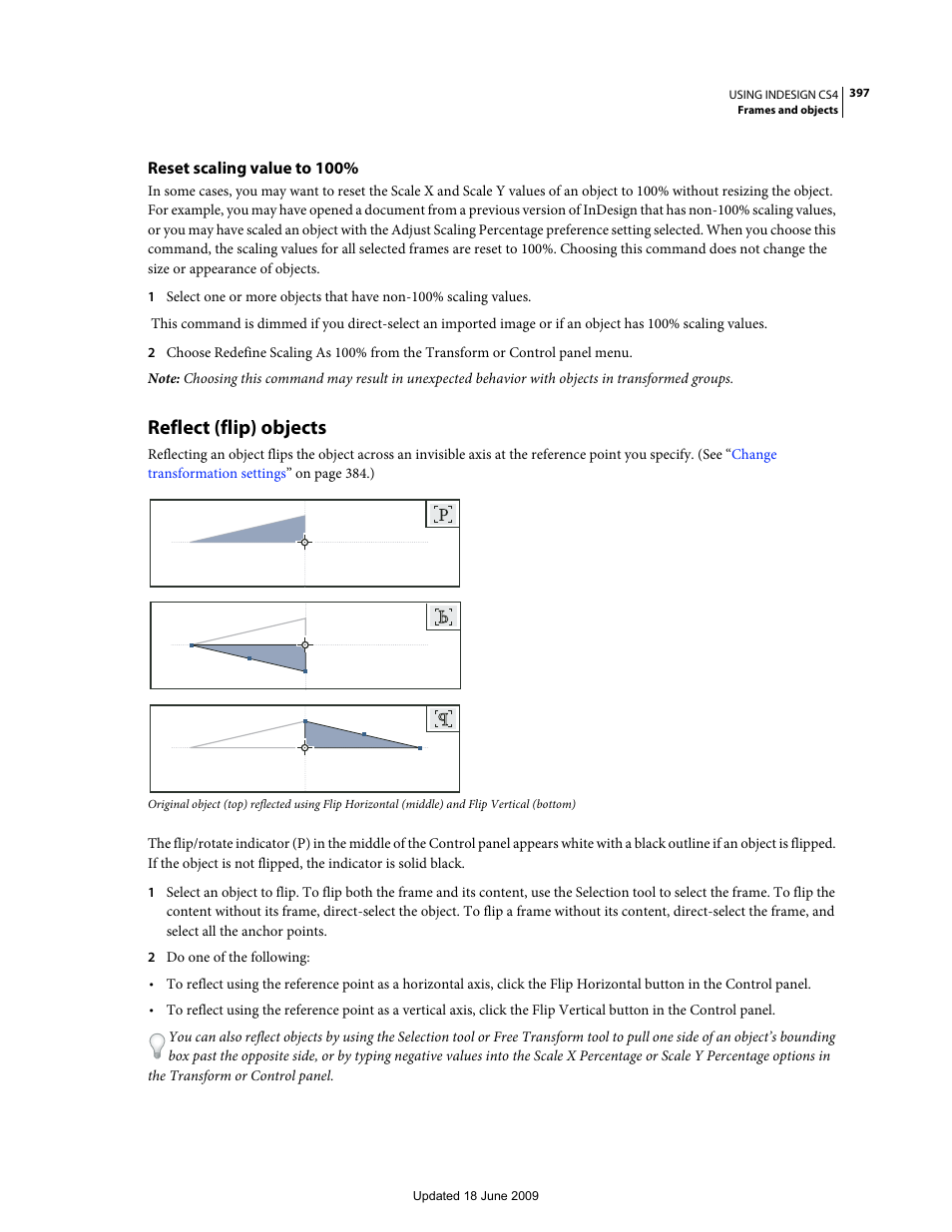 Reset scaling value to 100, Reflect (flip) objects | Adobe InDesign CS4 User Manual | Page 405 / 717