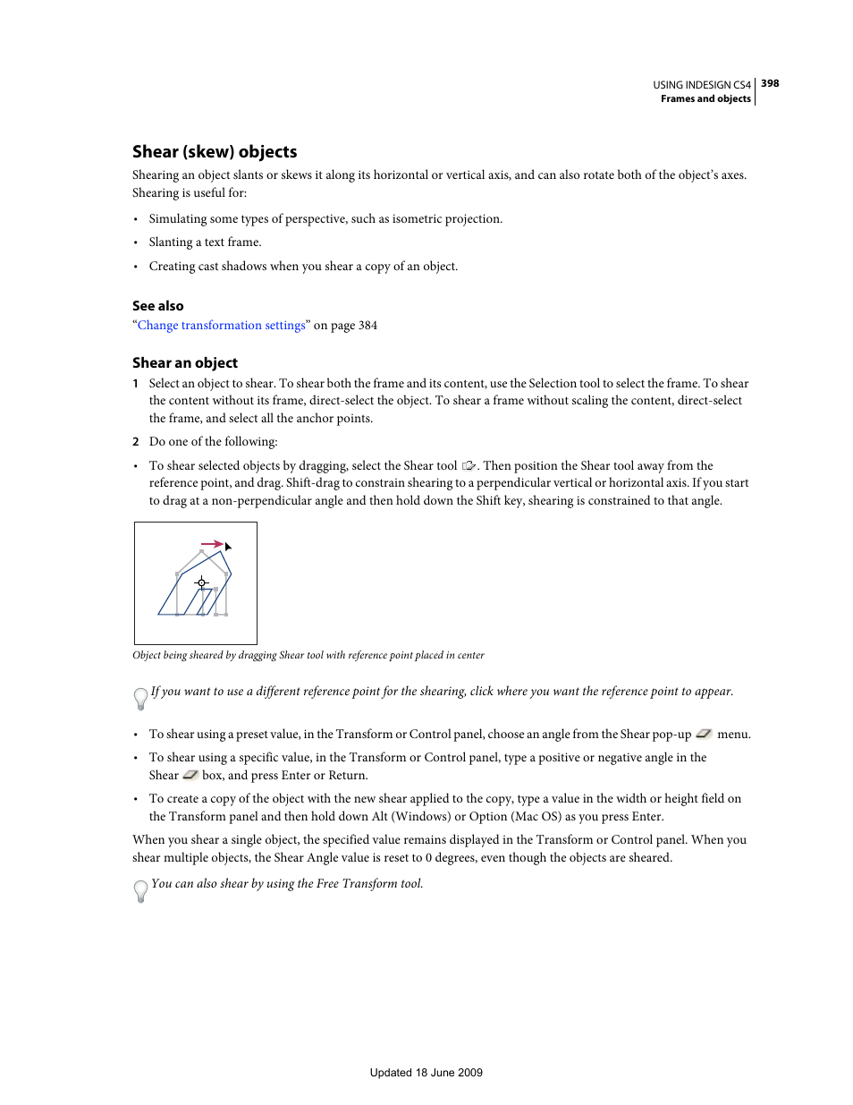 Shear (skew) objects, Shear an object | Adobe InDesign CS4 User Manual | Page 406 / 717