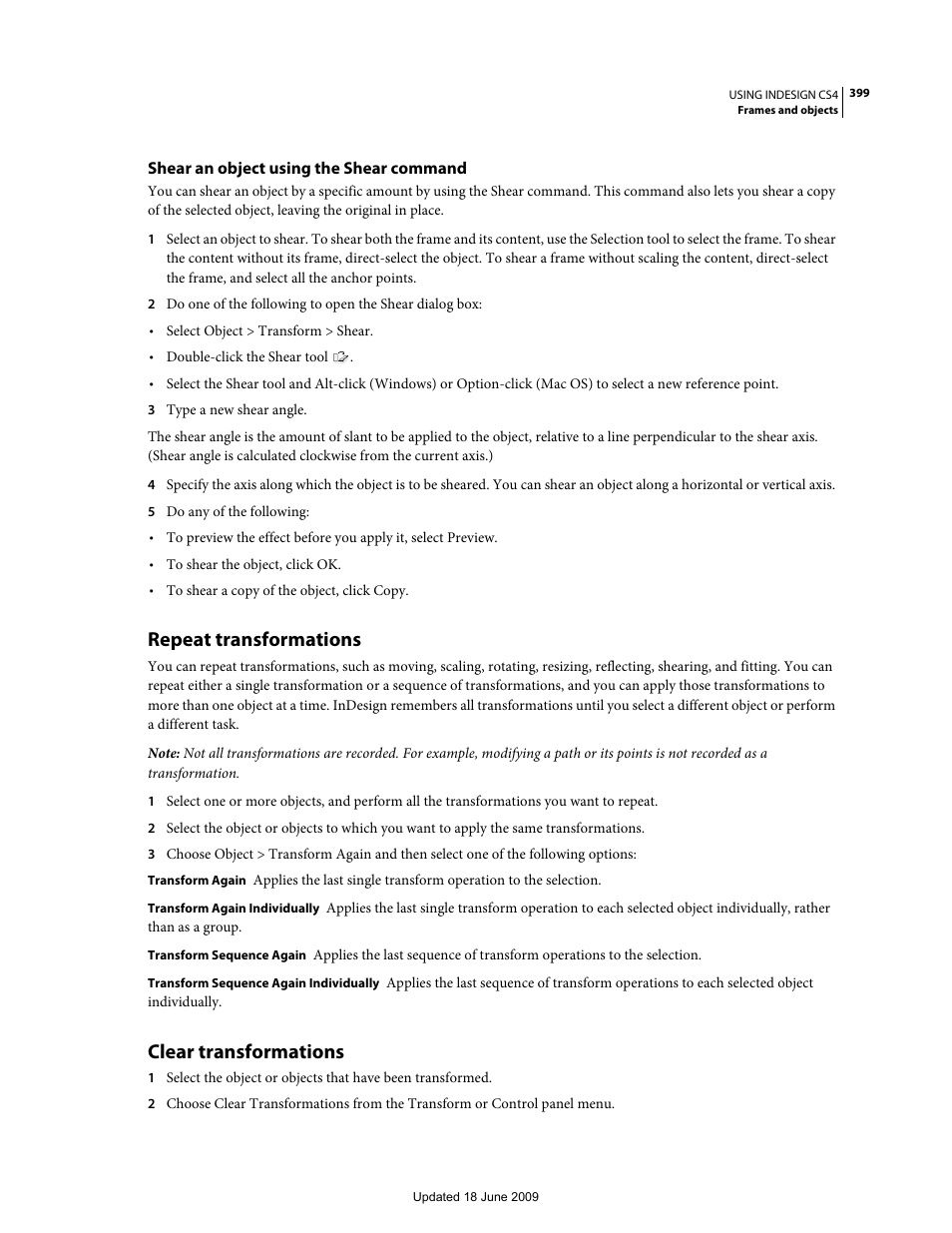 Shear an object using the shear command, Repeat transformations, Clear transformations | Adobe InDesign CS4 User Manual | Page 407 / 717