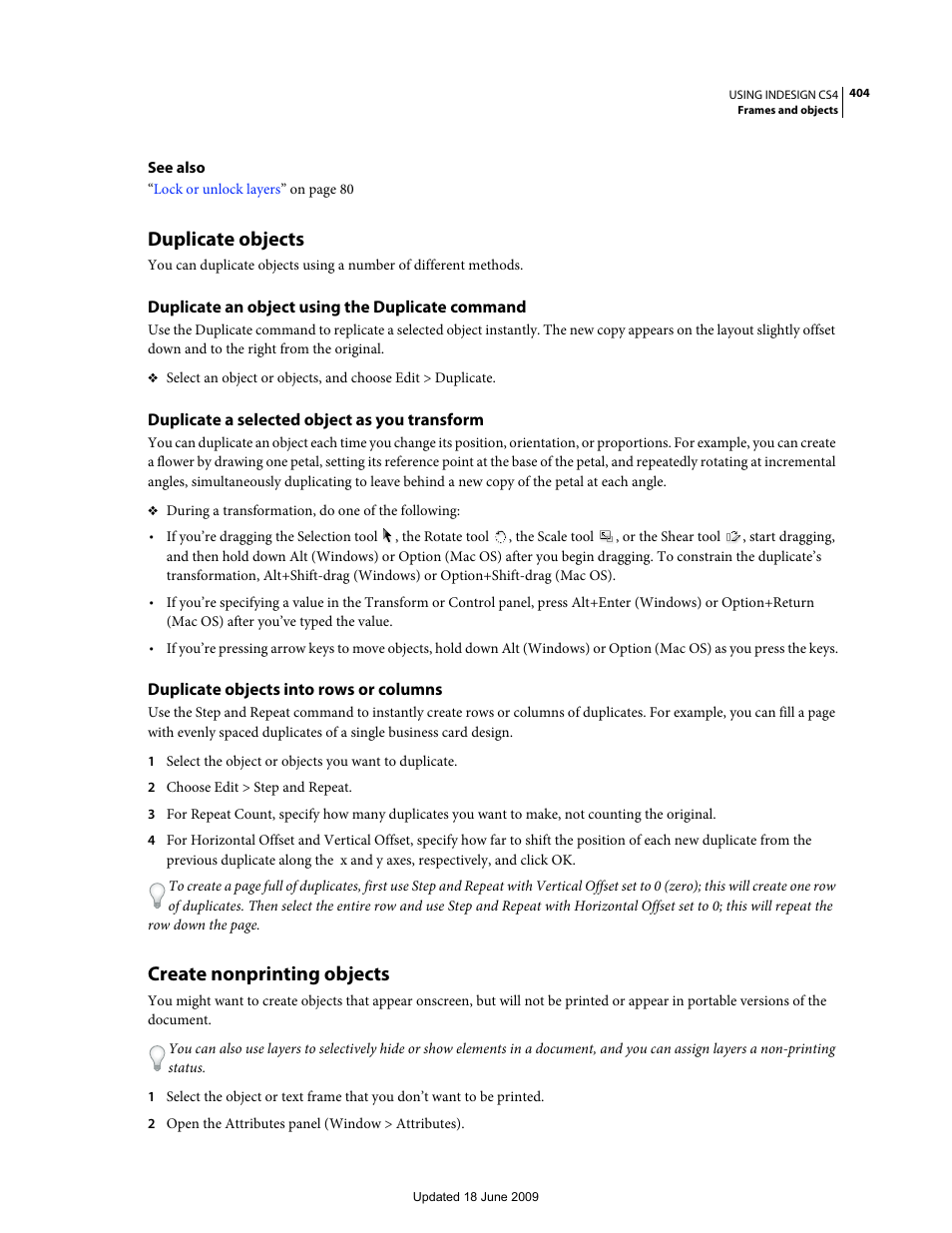 Duplicate objects, Duplicate an object using the duplicate command, Duplicate a selected object as you transform | Duplicate objects into rows or columns, Create nonprinting objects | Adobe InDesign CS4 User Manual | Page 412 / 717