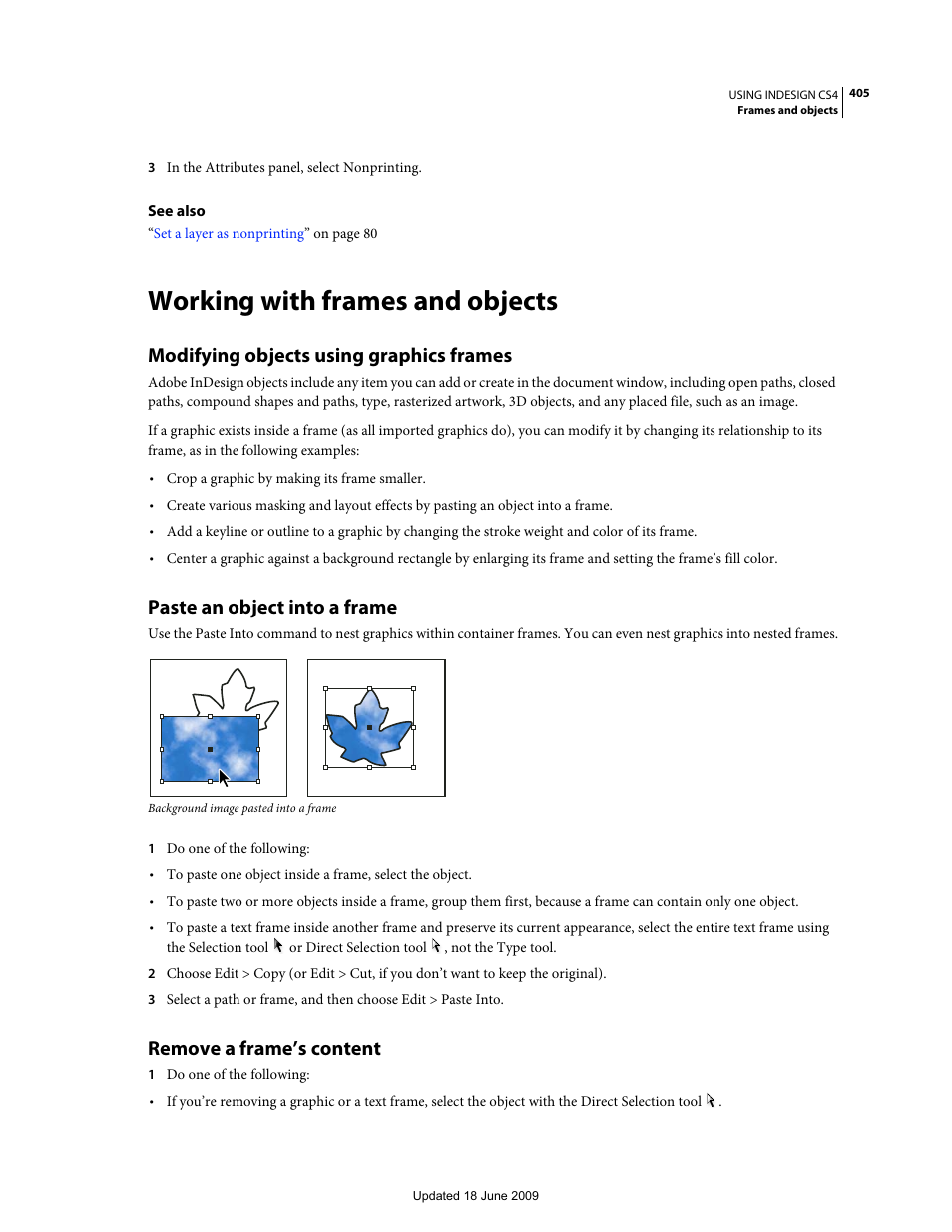 Working with frames and objects, Modifying objects using graphics frames, Paste an object into a frame | Remove a frame’s content, Indicates what’s selected, see | Adobe InDesign CS4 User Manual | Page 413 / 717