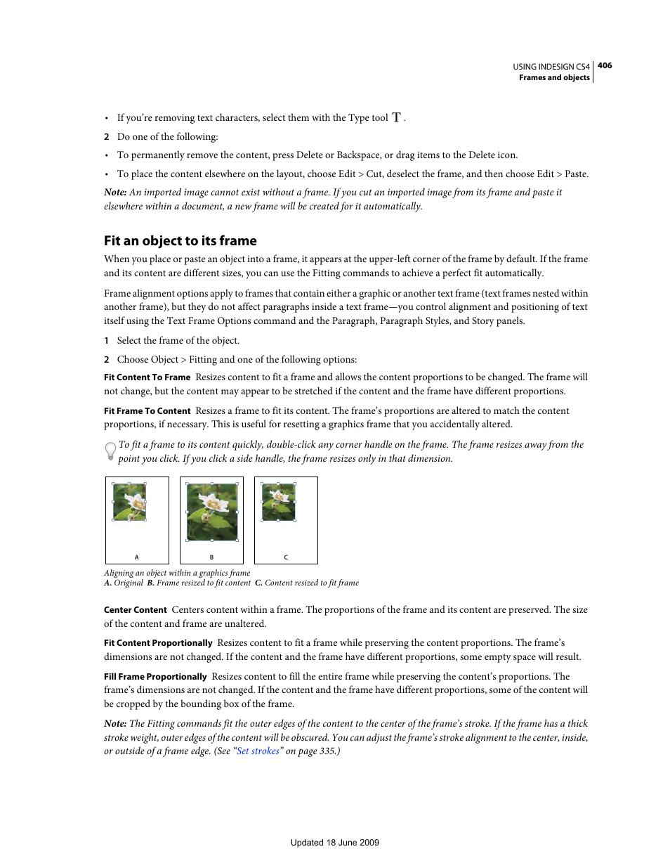 Fit an object to its frame | Adobe InDesign CS4 User Manual | Page 414 / 717