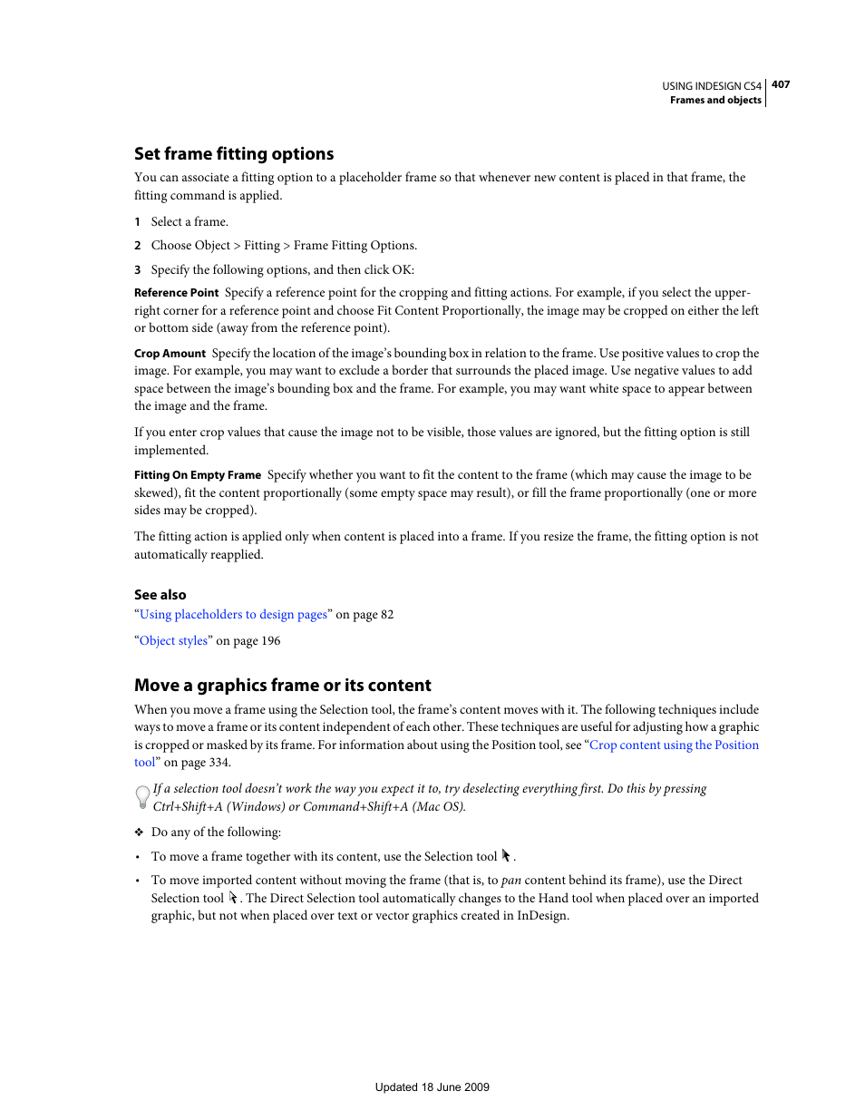 Set frame fitting options, Move a graphics frame or its content | Adobe InDesign CS4 User Manual | Page 415 / 717