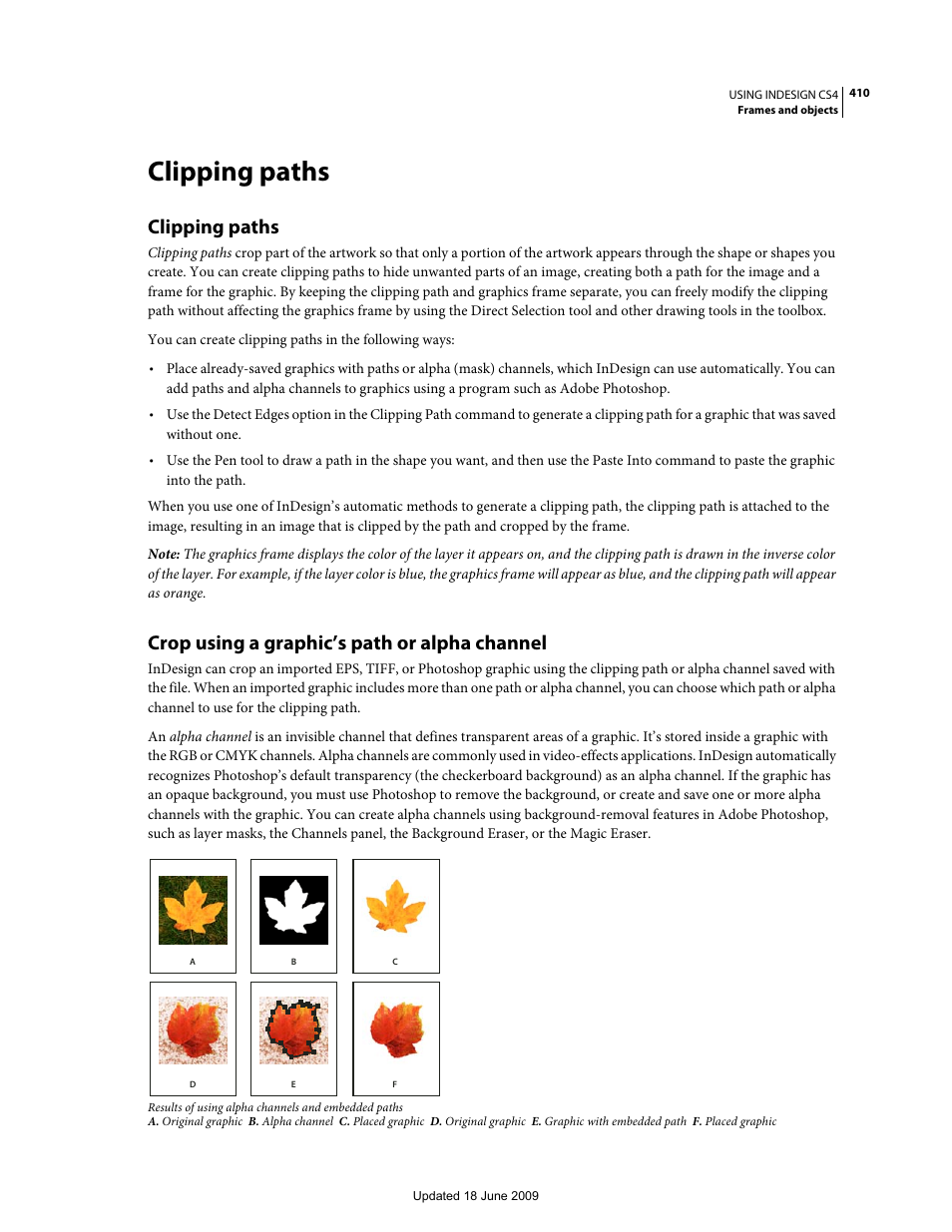 Clipping paths, Crop using a graphic’s path or alpha channel | Adobe InDesign CS4 User Manual | Page 418 / 717