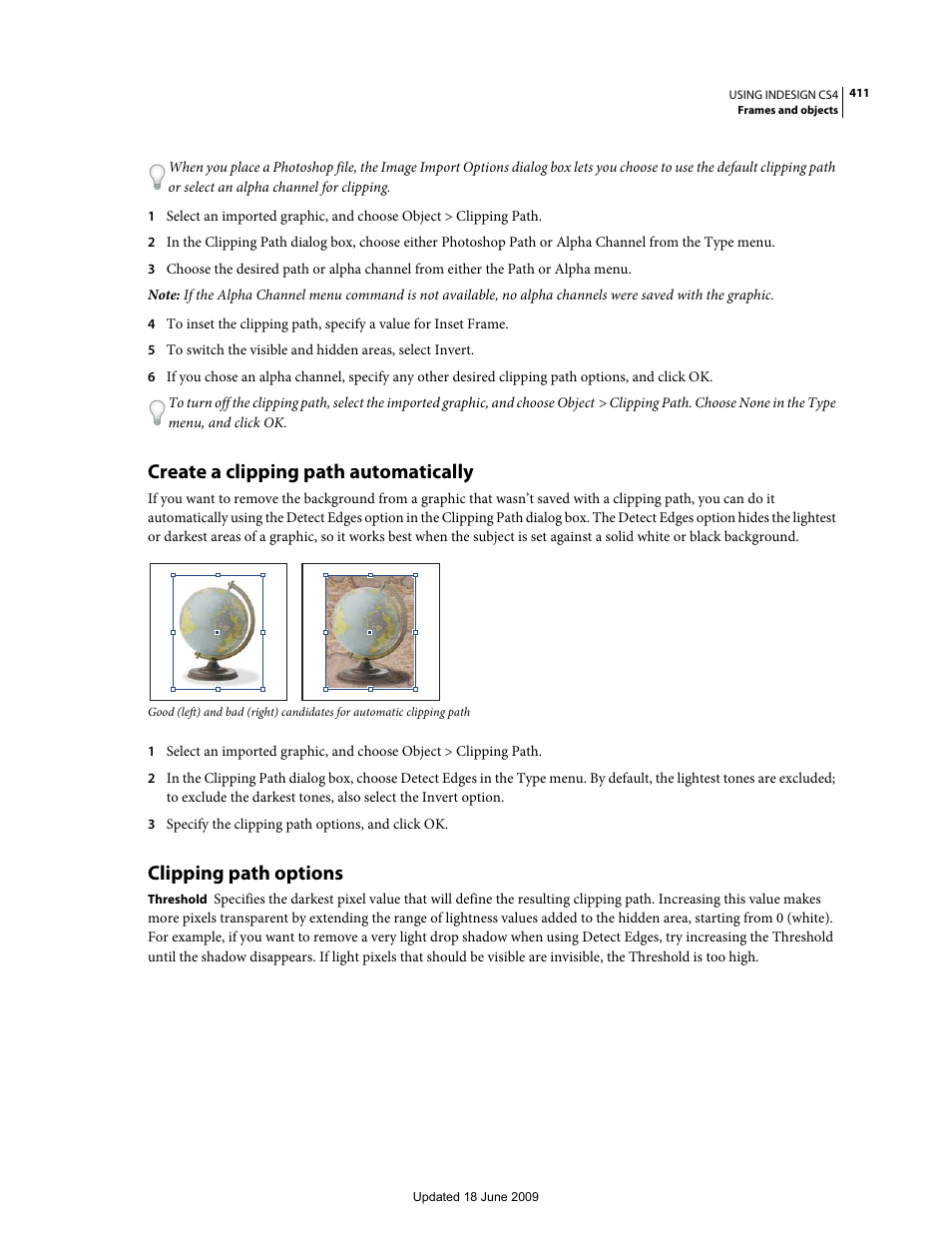 Create a clipping path automatically, Clipping path options | Adobe InDesign CS4 User Manual | Page 419 / 717