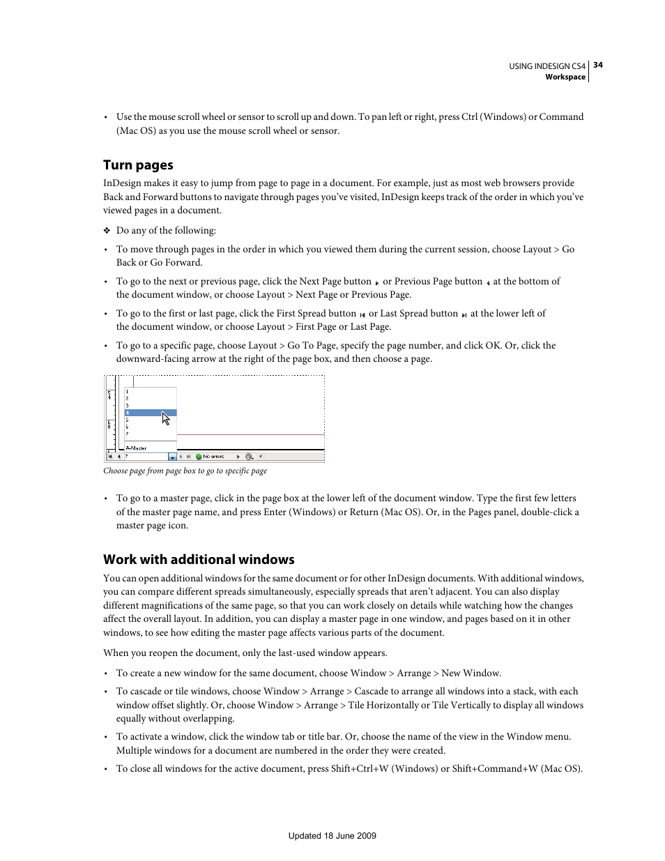 Work with additional windows, Turn pages | Adobe InDesign CS4 User Manual | Page 42 / 717