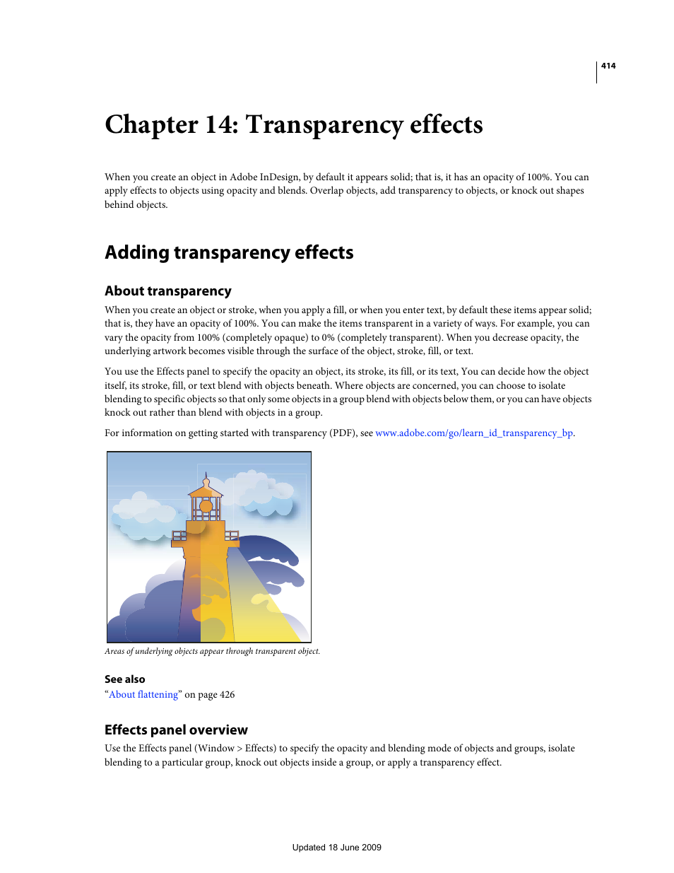Chapter 14: transparency effects, Adding transparency effects, About transparency | Effects panel overview | Adobe InDesign CS4 User Manual | Page 422 / 717