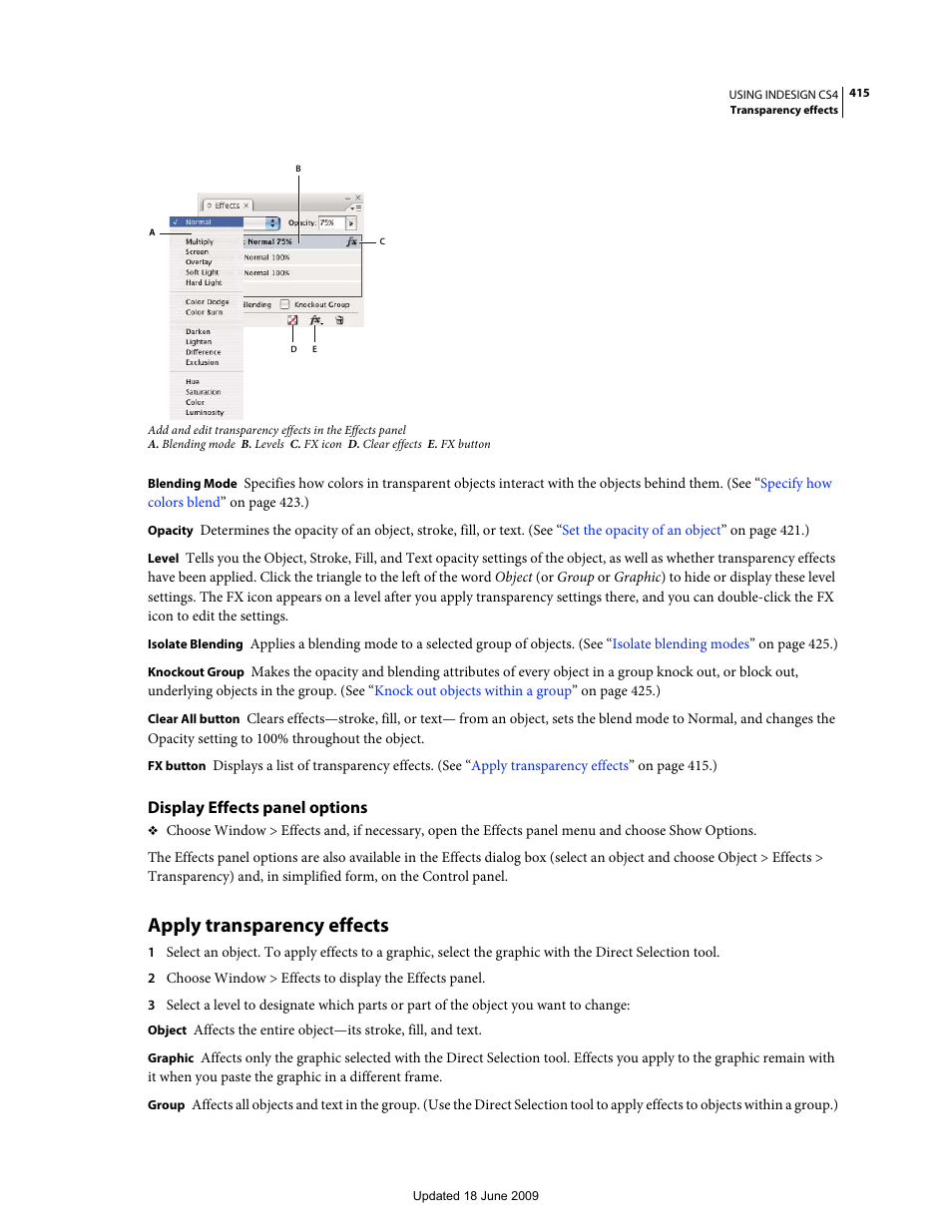 Display effects panel options, Apply transparency effects | Adobe InDesign CS4 User Manual | Page 423 / 717