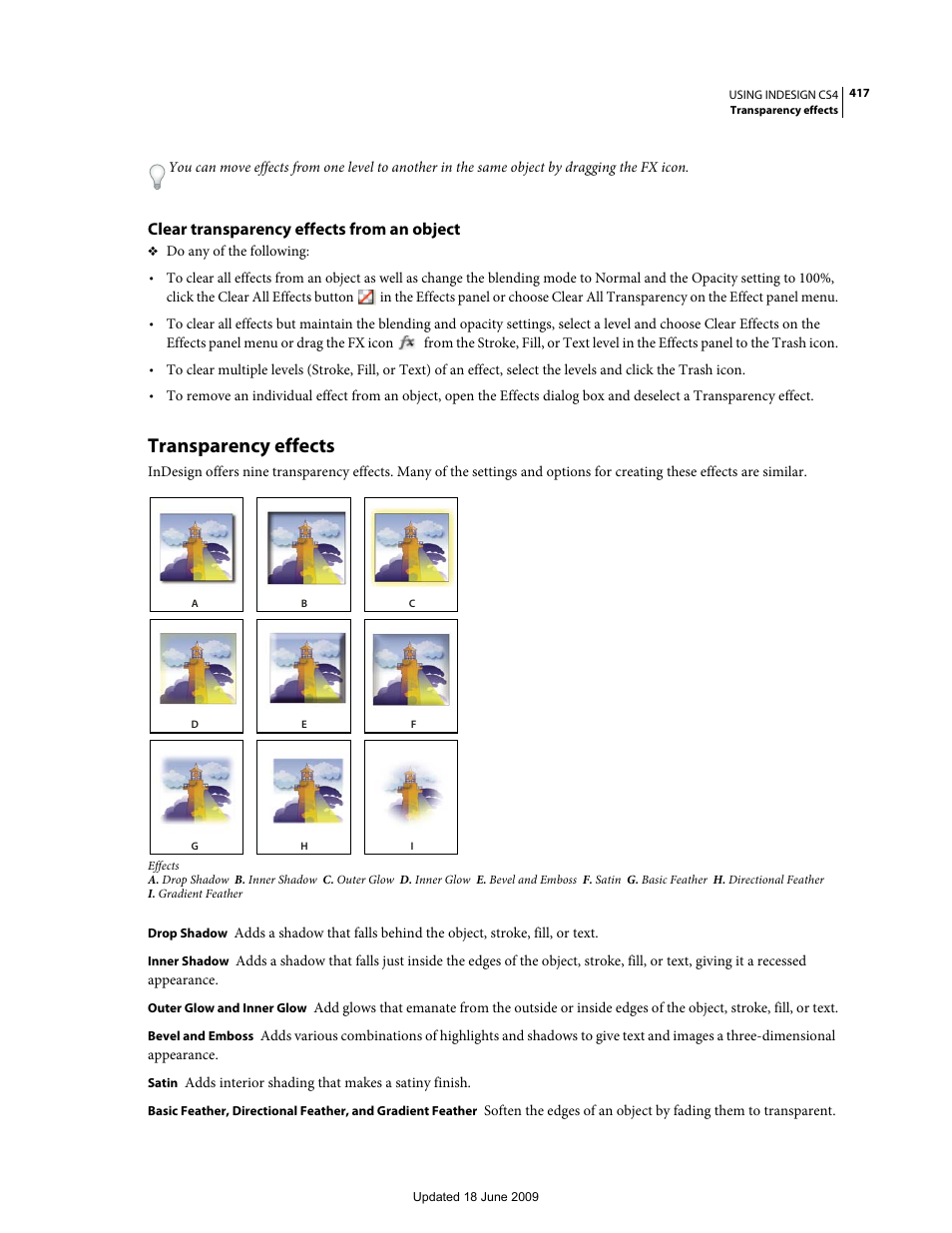 Clear transparency effects from an object, Transparency effects | Adobe InDesign CS4 User Manual | Page 425 / 717
