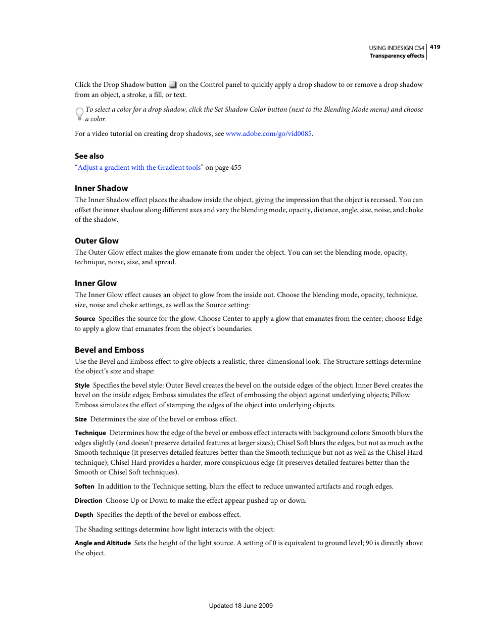 Inner shadow, Outer glow, Inner glow | Bevel and emboss | Adobe InDesign CS4 User Manual | Page 427 / 717