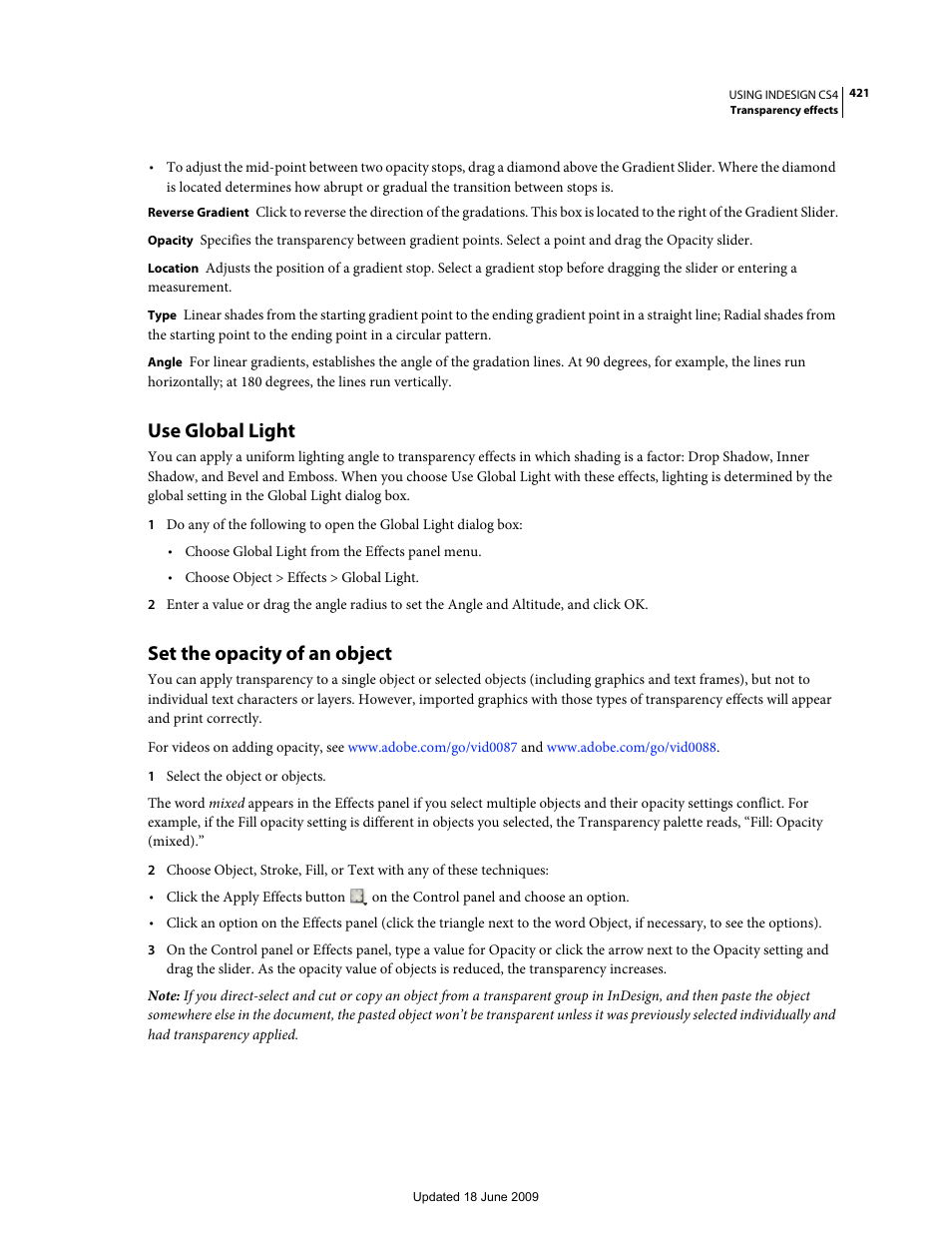Use global light, Set the opacity of an object, Set the opacity | Of an object | Adobe InDesign CS4 User Manual | Page 429 / 717