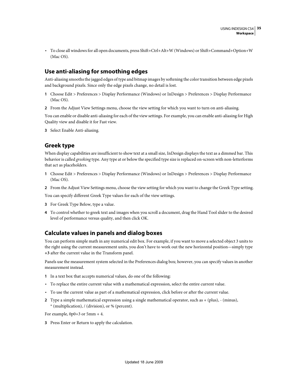 Use anti-aliasing for smoothing edges, Greek type, Calculate values in panels and dialog boxes | Adobe InDesign CS4 User Manual | Page 43 / 717