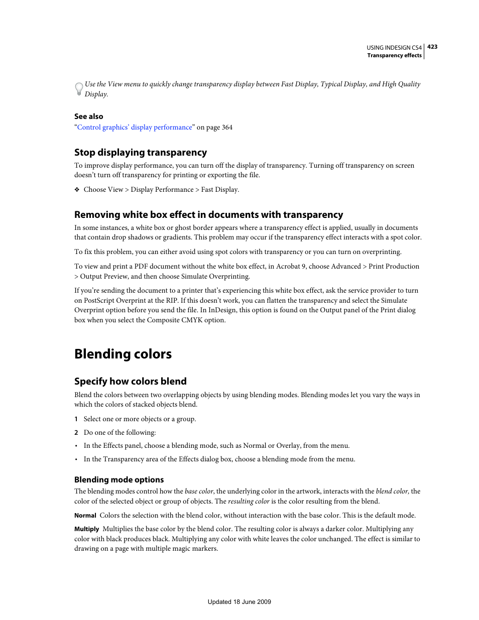 Stop displaying transparency, Blending colors, Specify how colors blend | Blending mode options, Specify how, Colors blend | Adobe InDesign CS4 User Manual | Page 431 / 717