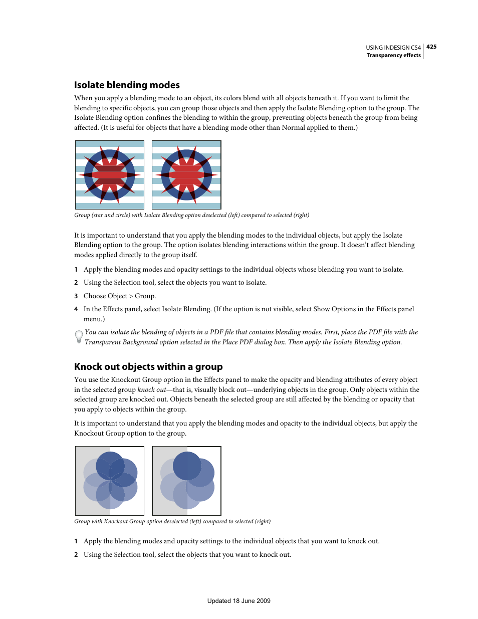 Isolate blending modes, Knock out objects within a group, Underlying objects in the group. (see | Adobe InDesign CS4 User Manual | Page 433 / 717