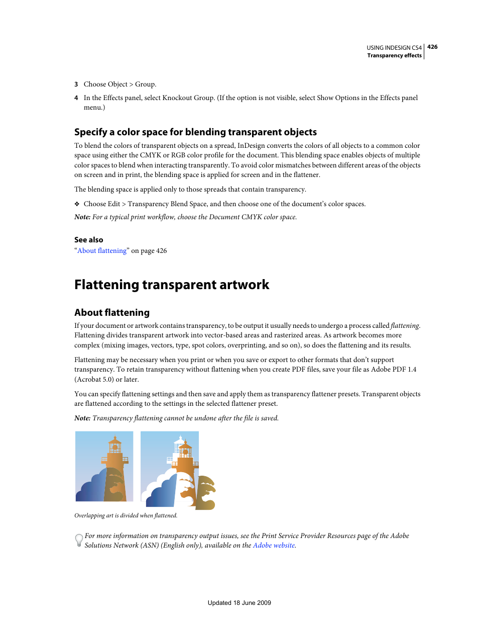 Flattening transparent artwork, About flattening | Adobe InDesign CS4 User Manual | Page 434 / 717