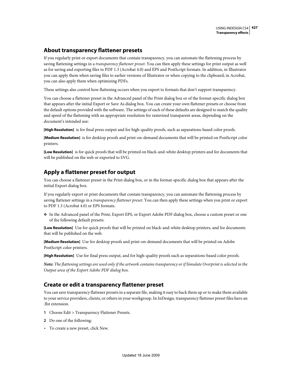 About transparency flattener presets, Apply a flattener preset for output, Create or edit a transparency flattener preset | Adobe InDesign CS4 User Manual | Page 435 / 717