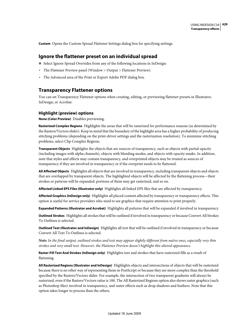 Transparency flattener options, Highlight (preview) options | Adobe InDesign CS4 User Manual | Page 437 / 717