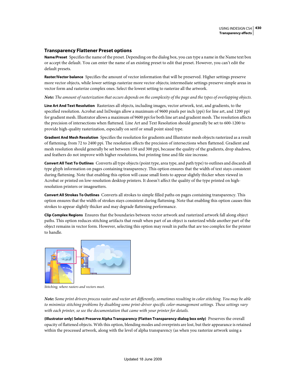 Transparency flattener preset options | Adobe InDesign CS4 User Manual | Page 438 / 717