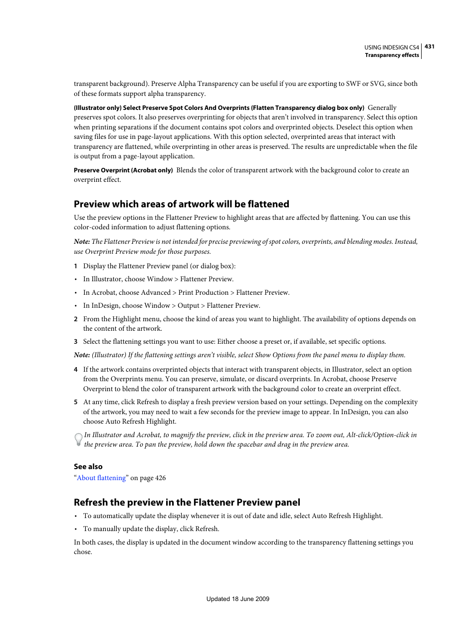 Preview which areas of artwork will be flattened, Refresh the preview in the flattener preview panel | Adobe InDesign CS4 User Manual | Page 439 / 717