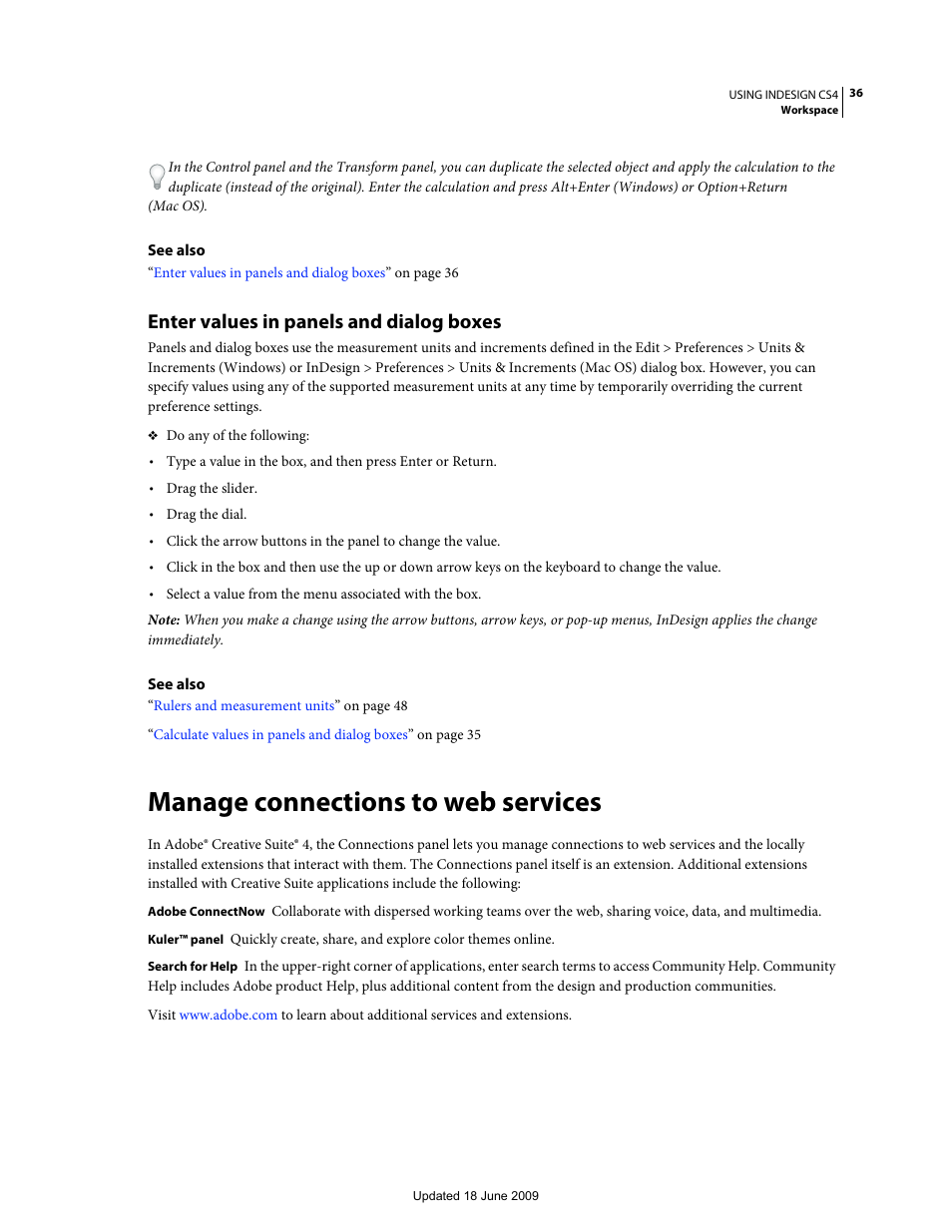 Enter values in panels and dialog boxes, Manage connections to web services | Adobe InDesign CS4 User Manual | Page 44 / 717
