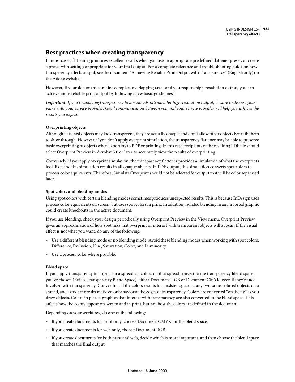 Best practices when creating transparency, Best practices when creating, Transparency | Adobe InDesign CS4 User Manual | Page 440 / 717