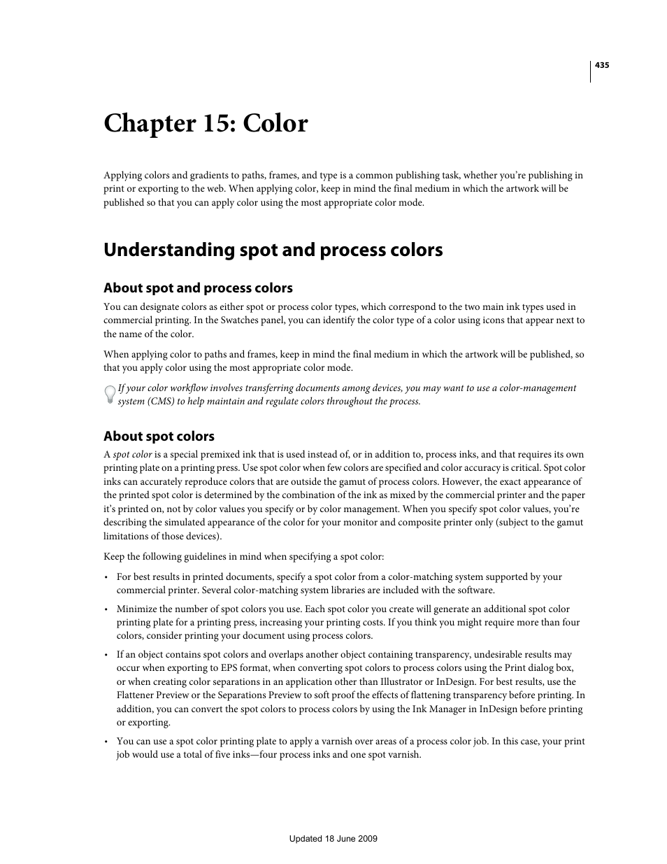 Chapter 15: color, Understanding spot and process colors, About spot and process colors | About spot colors | Adobe InDesign CS4 User Manual | Page 443 / 717