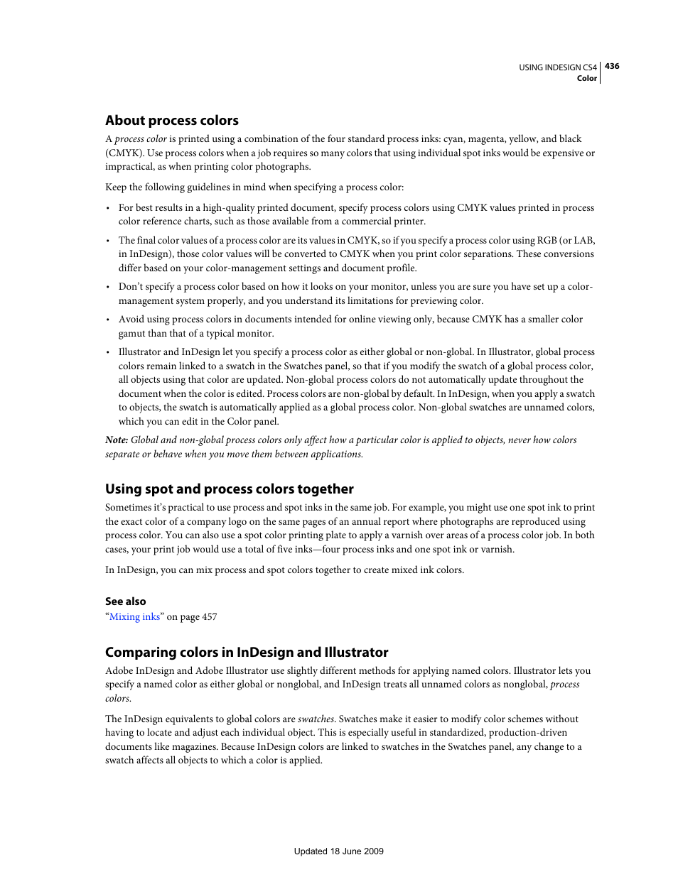 About process colors, Using spot and process colors together, Comparing colors in indesign and illustrator | Adobe InDesign CS4 User Manual | Page 444 / 717