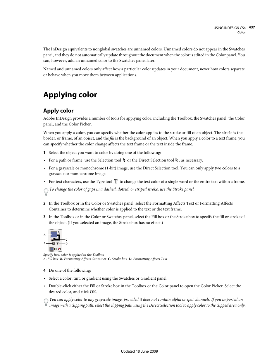 Applying color, Apply color | Adobe InDesign CS4 User Manual | Page 445 / 717