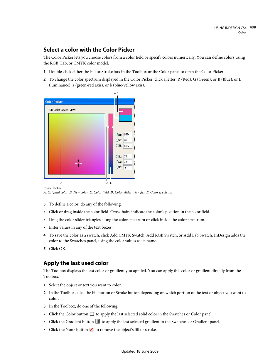 Select a color with the color picker, Apply the last used color | Adobe InDesign CS4 User Manual | Page 446 / 717