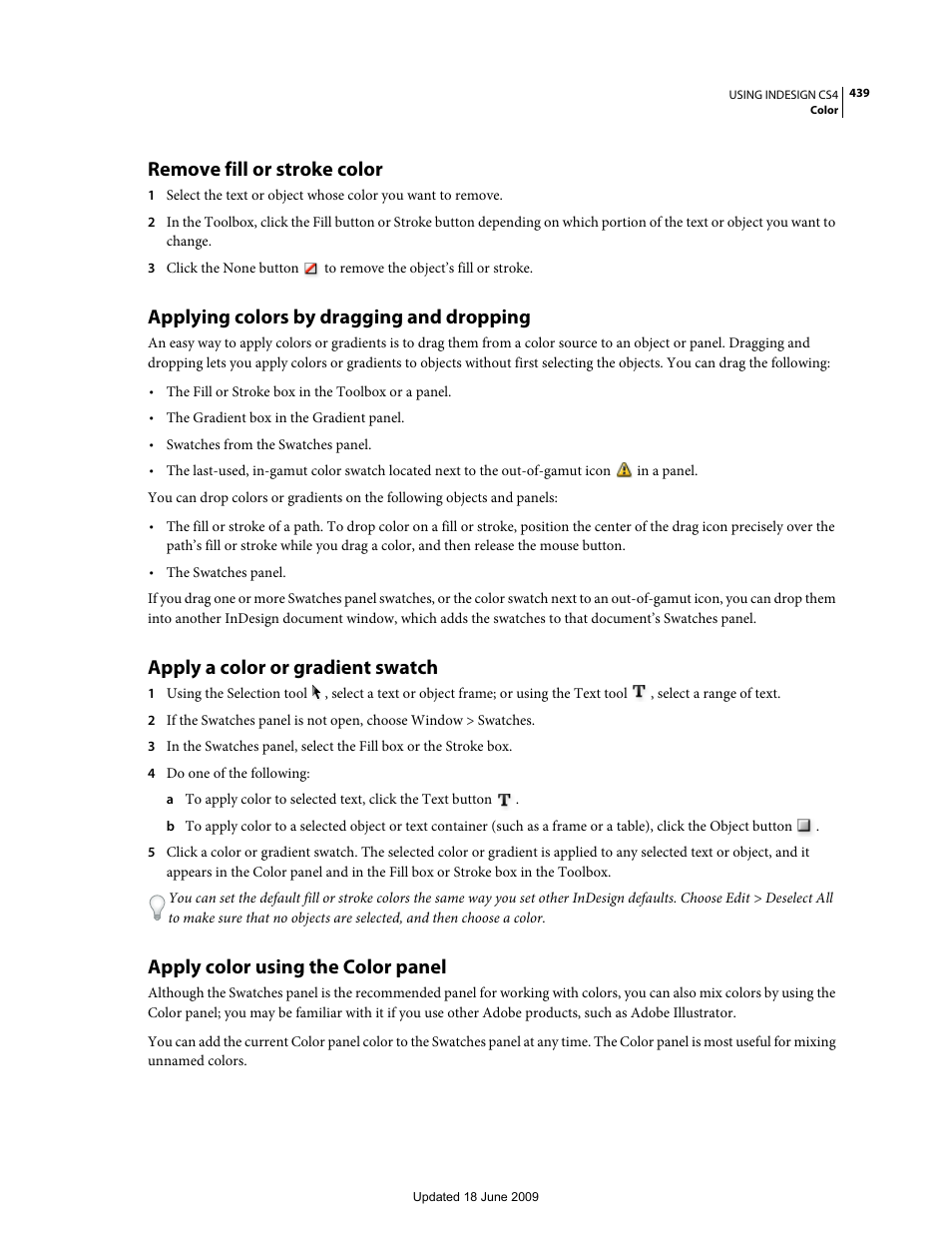 Remove fill or stroke color, Applying colors by dragging and dropping, Apply a color or gradient swatch | Apply color using the color panel | Adobe InDesign CS4 User Manual | Page 447 / 717