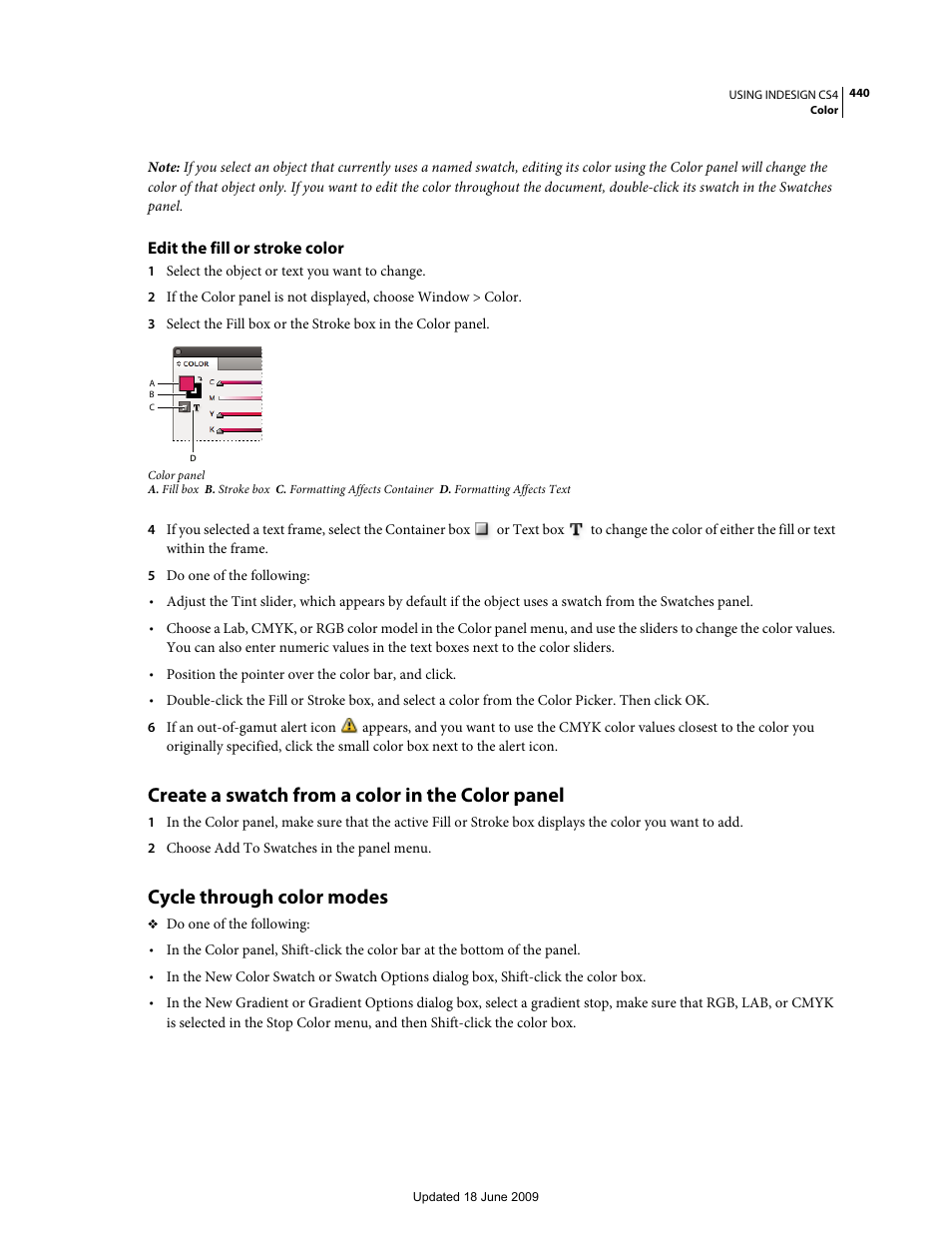 Edit the fill or stroke color, Create a swatch from a color in the color panel, Cycle through color modes | Adobe InDesign CS4 User Manual | Page 448 / 717