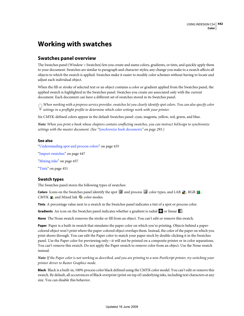 Working with swatches, Swatches panel overview, Swatch types | Adobe InDesign CS4 User Manual | Page 450 / 717