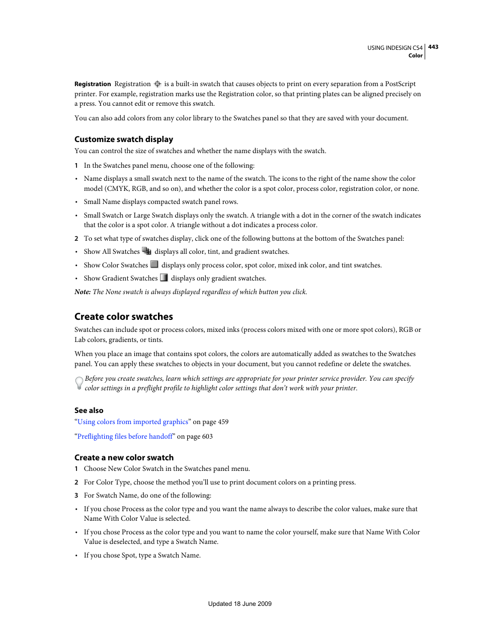 Customize swatch display, Create color swatches, Create a new color swatch | Adobe InDesign CS4 User Manual | Page 451 / 717