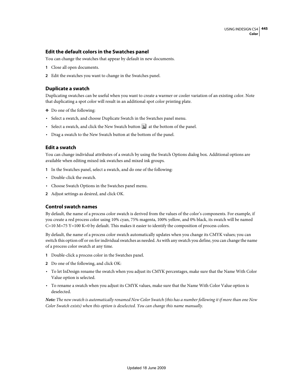 Edit the default colors in the swatches panel, Duplicate a swatch, Edit a swatch | Control swatch names | Adobe InDesign CS4 User Manual | Page 453 / 717