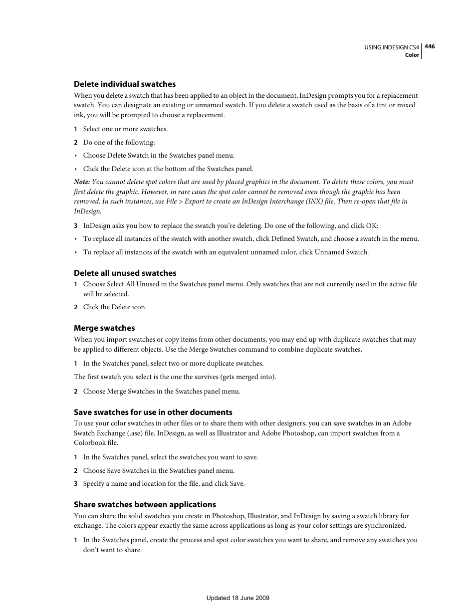 Delete individual swatches, Delete all unused swatches, Merge swatches | Save swatches for use in other documents, Share swatches between applications | Adobe InDesign CS4 User Manual | Page 454 / 717