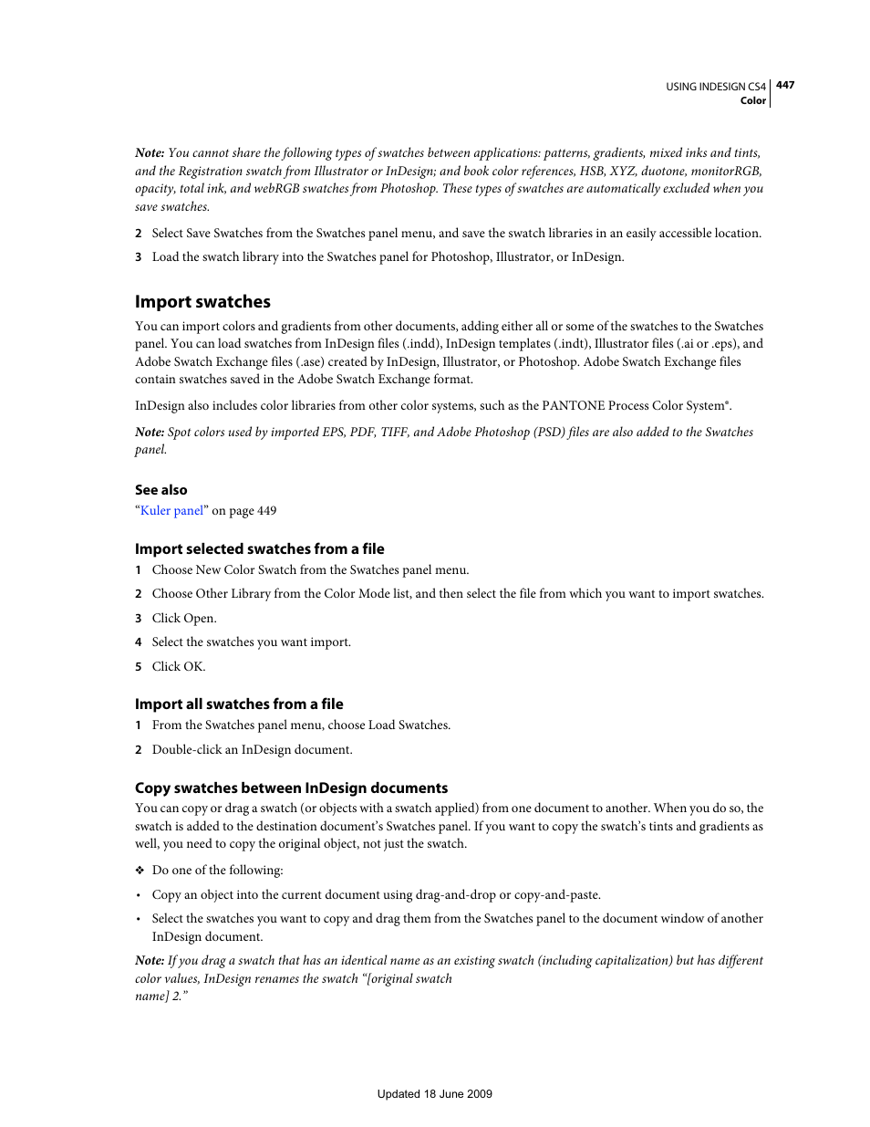 Import swatches, Import selected swatches from a file, Import all swatches from a file | Copy swatches between indesign documents | Adobe InDesign CS4 User Manual | Page 455 / 717
