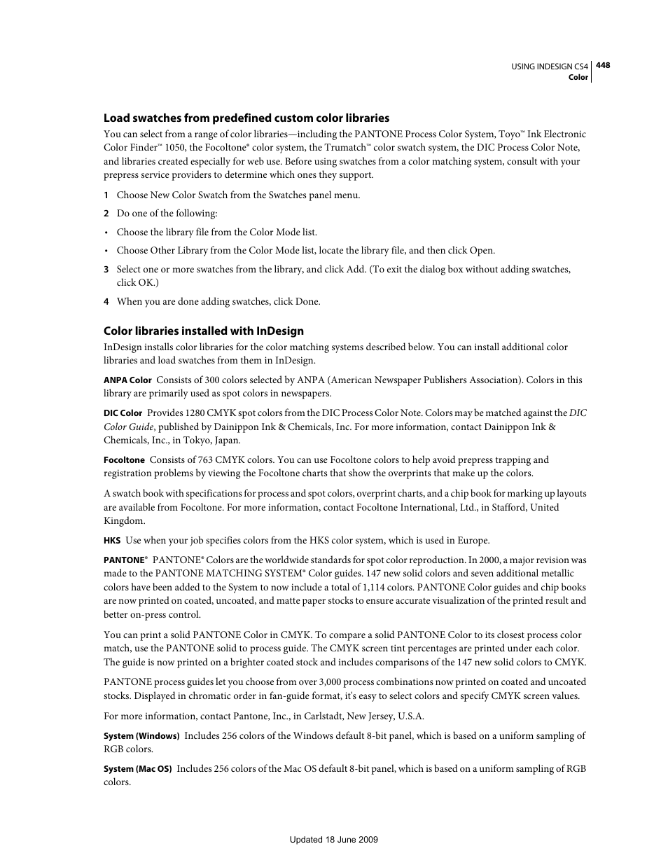 Color libraries installed with indesign | Adobe InDesign CS4 User Manual | Page 456 / 717