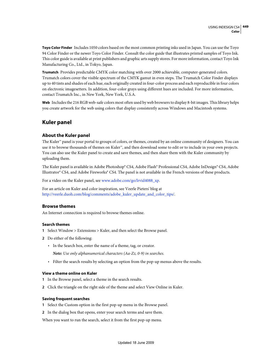 Kuler panel, About the kuler panel, Browse themes | Adobe InDesign CS4 User Manual | Page 457 / 717