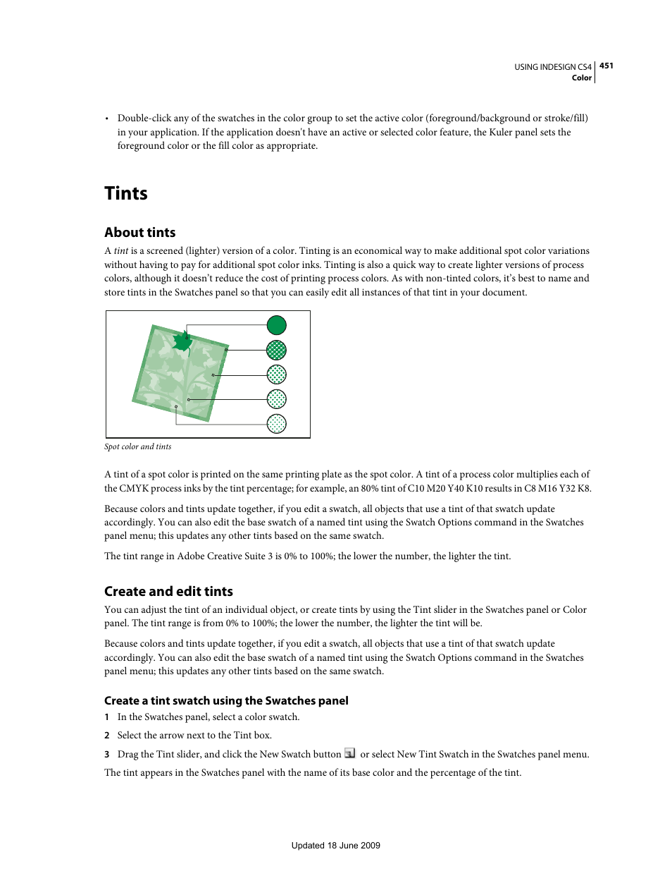 Tints, About tints, Create and edit tints | Create a tint swatch using the swatches panel | Adobe InDesign CS4 User Manual | Page 459 / 717