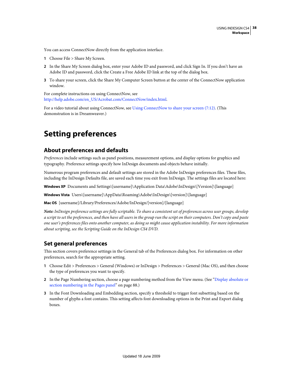 Setting preferences, About preferences and defaults, Set general preferences | Adobe InDesign CS4 User Manual | Page 46 / 717