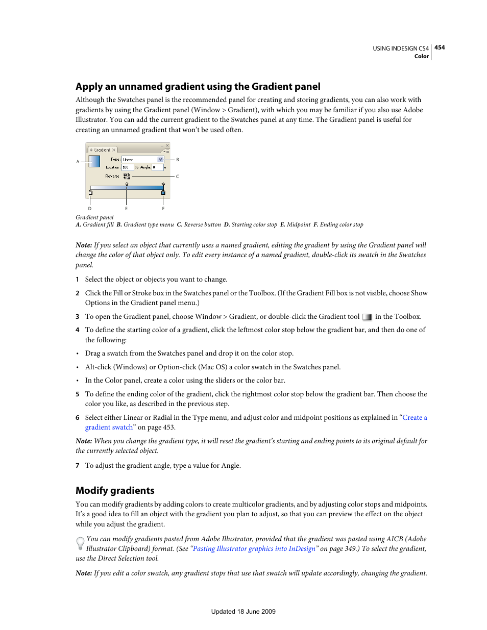 Apply an unnamed gradient using the gradient panel, Modify gradients | Adobe InDesign CS4 User Manual | Page 462 / 717