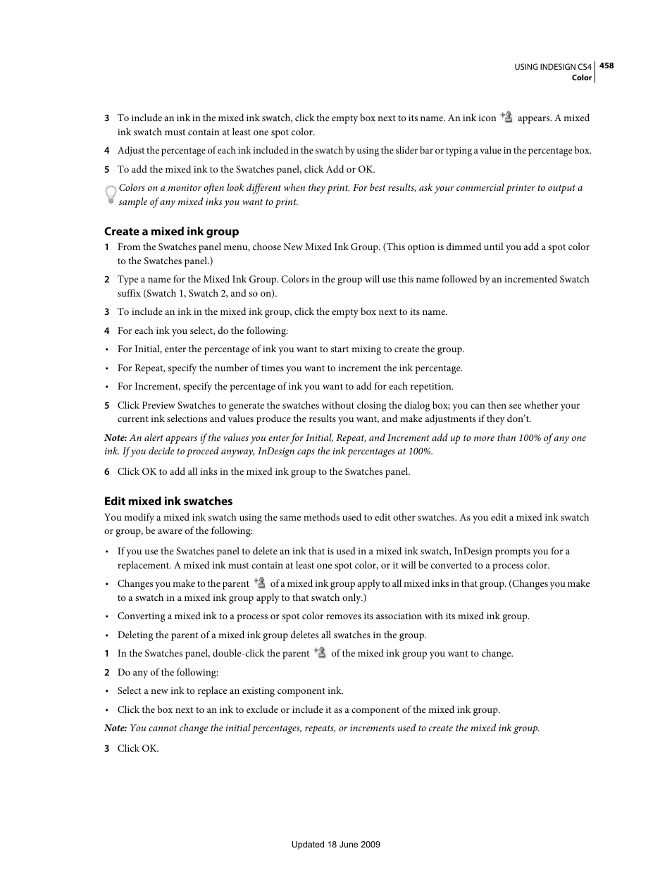 Create a mixed ink group, Edit mixed ink swatches | Adobe InDesign CS4 User Manual | Page 466 / 717