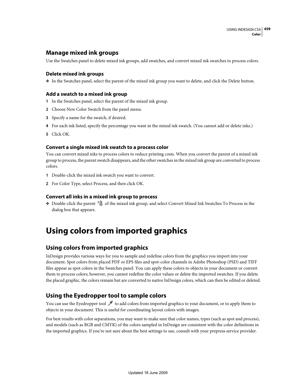 Manage mixed ink groups, Delete mixed ink groups, Add a swatch to a mixed ink group | Convert all inks in a mixed ink group to process, Using colors from imported graphics, Using the eyedropper tool to sample colors | Adobe InDesign CS4 User Manual | Page 467 / 717