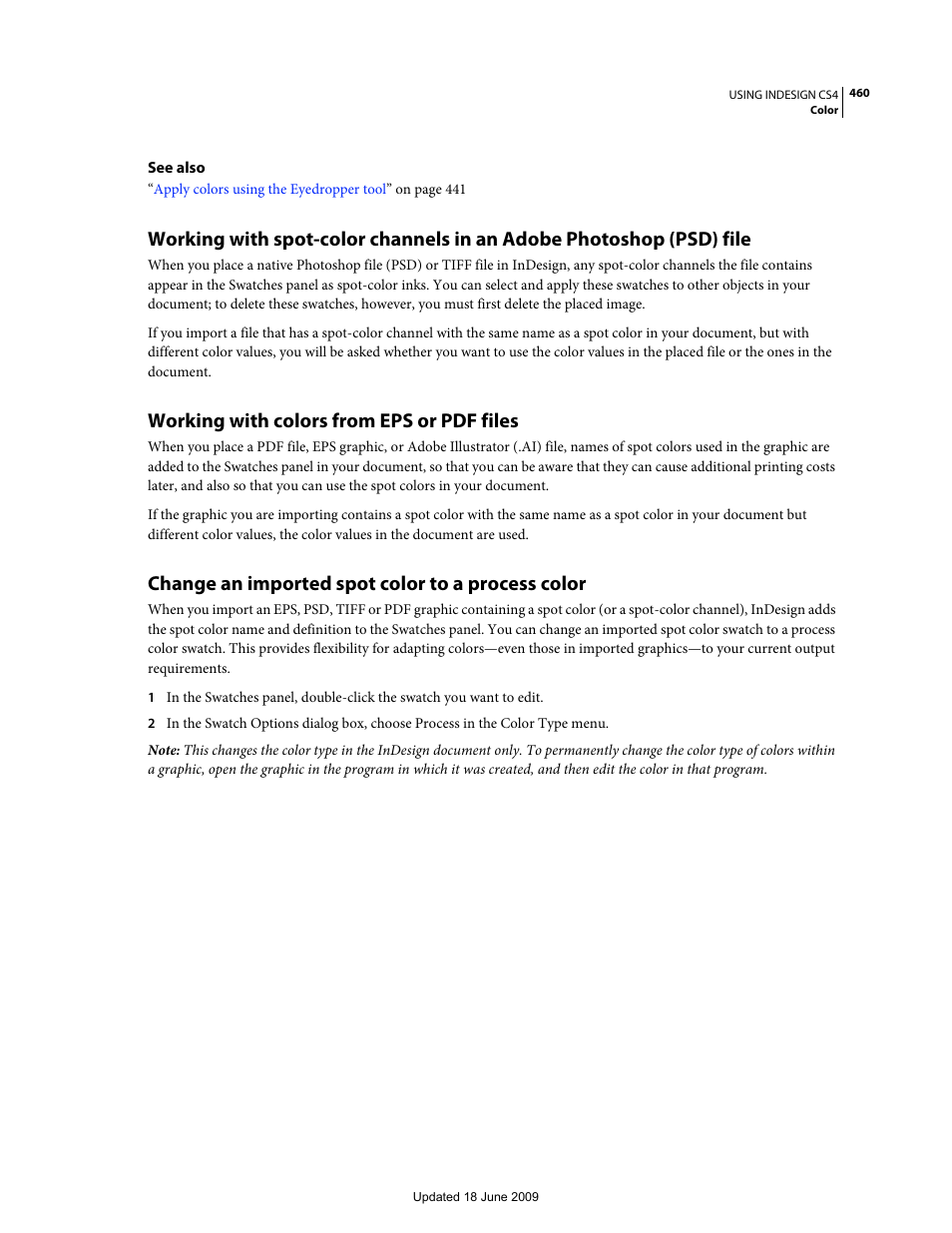 Working with colors from eps or pdf files, Change an imported spot color to a process color | Adobe InDesign CS4 User Manual | Page 468 / 717