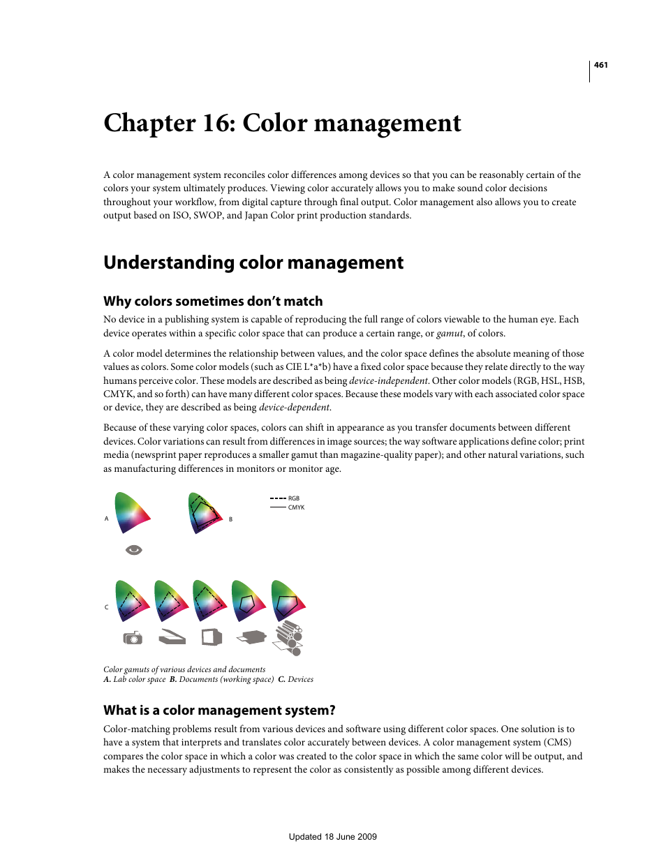 Chapter 16: color management, Understanding color management, Why colors sometimes don’t match | What is a color management system, Color management | Adobe InDesign CS4 User Manual | Page 469 / 717